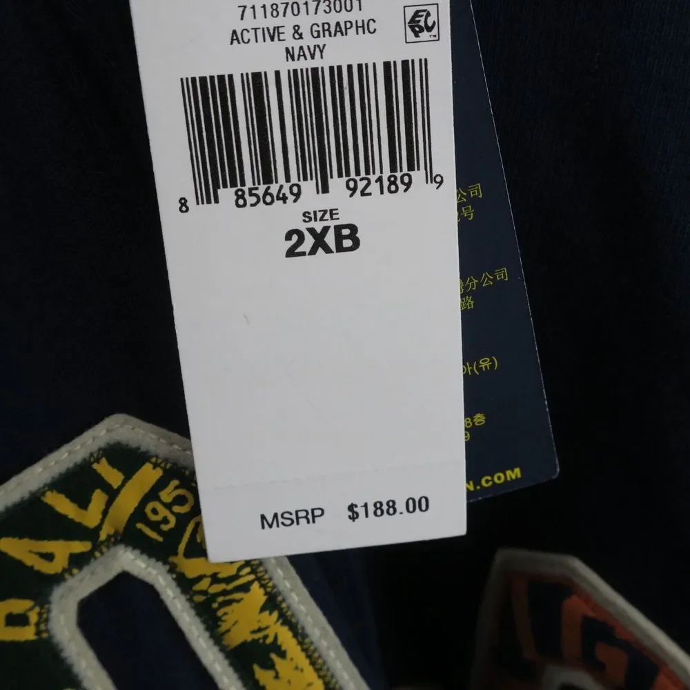 Ralph Lauren Polo Sweatshirt Mens 2XB Blue Hooded Baseball Jersey Shirt Spellout